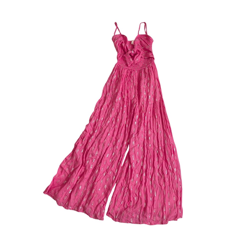 Beach Bunny Pink Metallic Shimmer‎ Wide Leg Tiered Jumpsuit Womens Small Boho - Picture 2 of 11